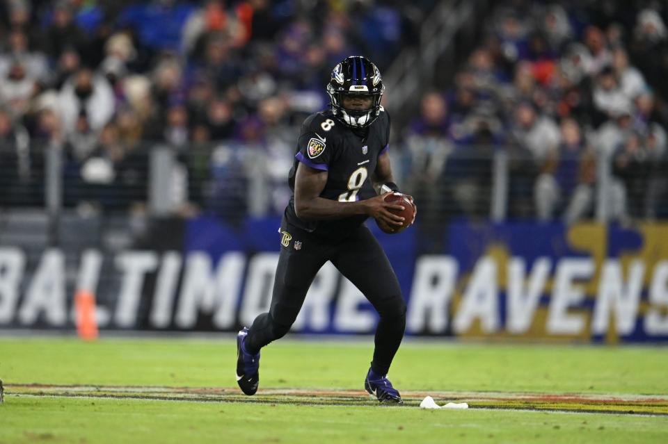 Baltimore Ravens quarterback Lamar Jackson (8) during a game on Nov. 28, 2021.