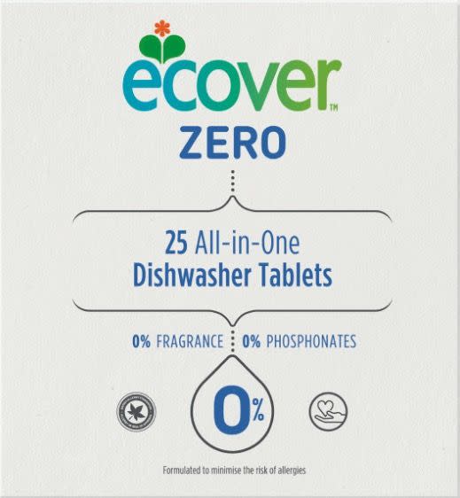 <p>These tablets are friendly to the waterways and the cardboard packaging is fully-recyclable. Ecover have this to say about the plastic-wrapped tablets on their website: 'Dishwasher tablets don’t react well to the moisture in the air. In fact, it causes them to crumble. We want you to open your box to find tablets, not powder, so we wrap each tablet. The packages of our dishwasher tablets are made of polypropylene and each pack weighs only 0.3 grams. We have not found a dissolvable film that meets our standards for biodegradability. We are actively investigating an alternative to this type of packaging – we’re looking at plant based options that meet our standards. We’re not there yet but when we find an alternative we will switch.'</p><p><a class="link " href="https://www.ecoverdirect.com/products/all-in-one-dishwasher-tablets-22/edishallinone25.aspx?productid=edishallinone25" rel="nofollow noopener" target="_blank" data-ylk="slk:BUY NOW, £7, Ecover;elm:context_link;itc:0;sec:content-canvas">BUY NOW, £7, Ecover</a></p>