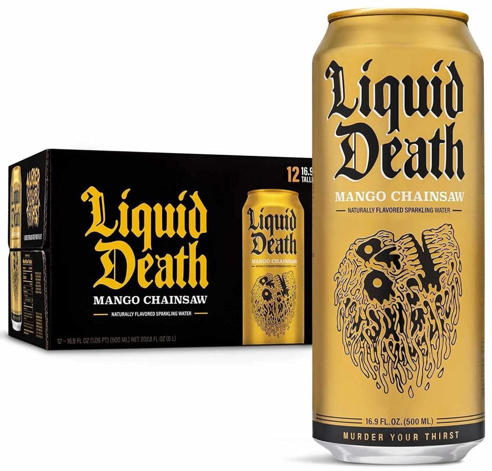 Liquid Death sparkling water mango chainsaw, liquid death review