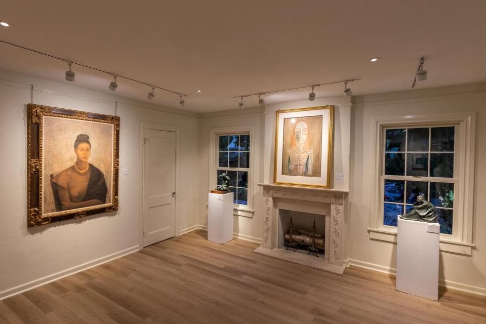 The positioning of the artwork in the "Figurative Masters of the Americas" exhibition creates a dialogue between the artists, said curator Chip Tom with Heather James Fine Art. Here, the dialogue can be seen between, from left, "Retrato de Olga" by Rufino Tamayo; "Mujer Peinandose" by Felipe Castaneda; “La Table, I (coin d’atelier)/ portrait” by Wilfredo Lam; and "Mujer en Reposo" by Castaneda.