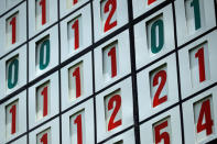 A scoreboard showing red numbers for under par and green numbers over, is seen during the first round of the 2017 Masters golf tournament at Augusta National Golf Club in Augusta, Georgia, U.S. April 6, 2017. REUTERS/Jonathan Ernst