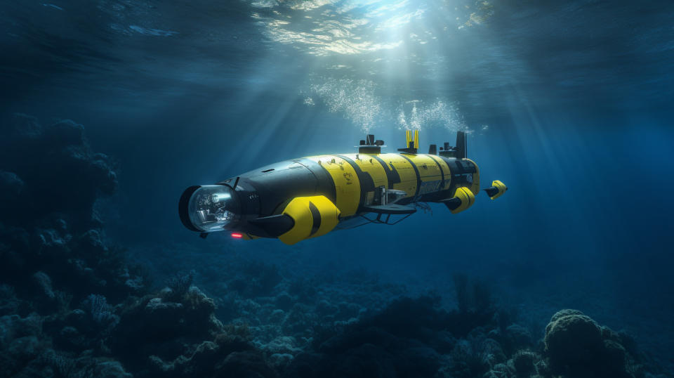 An autonomous underwater vehicle (AUV) gliding through the ocean depths.