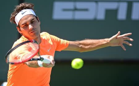 Mar 20, 2015; Indian Wells, CA, USA; Roger Federer (SUI) during his quarter final match against Tomas Berdych (CZE) at the Indian Wells Tennis Garden. Federer won 6-4, 6-0. Mandatory Credit: Jayne Kamin-Oncea-USA TODAY