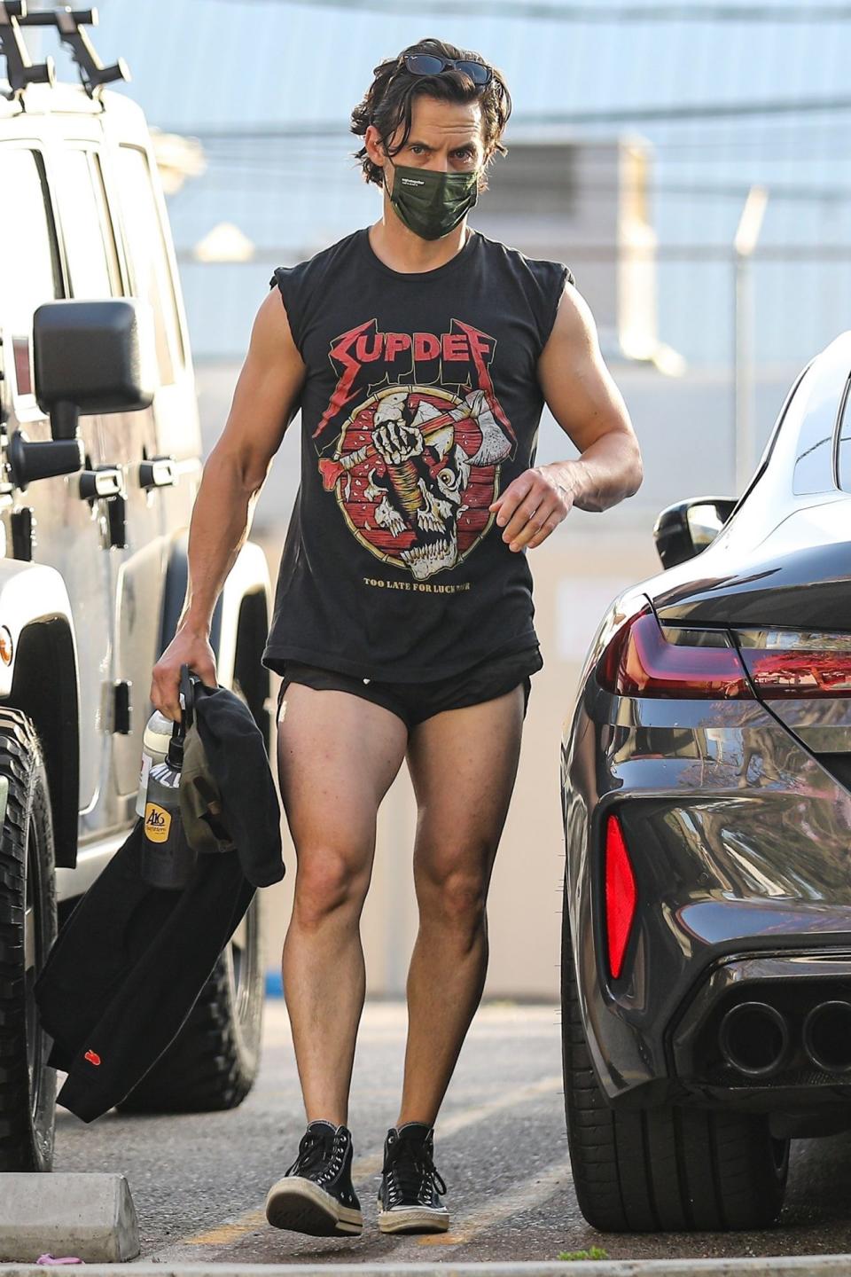 <p>Milo Ventimiglia leaves the gym on Monday in West Hollywood wearing a graphic tee and short shorts. </p>