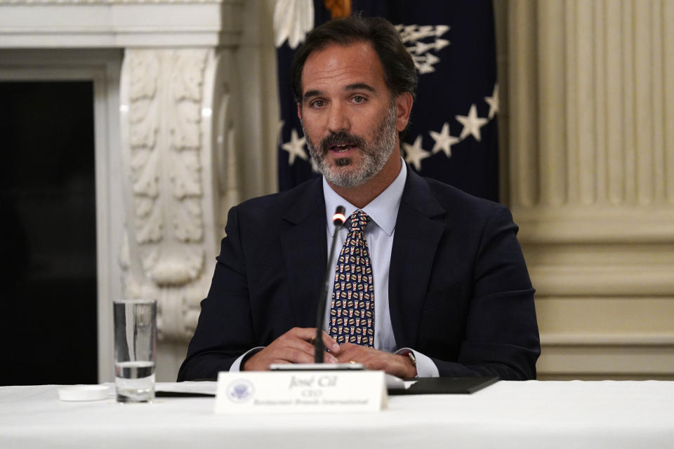 Jose Cil, CEO of Restaurant Brands International, speaks during a meeting with restaurant industry executives about the coronavirus response, in the State Dining Room of the White House, Monday, May 18, 2020, in Washington. (AP Photo/Evan Vucci)