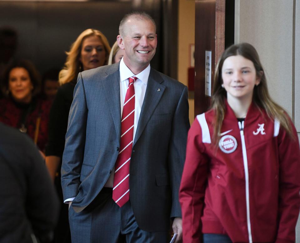 Jan 13, 2024; Tuscaloosa, AL, USA; The University of Alabama introduced new head football coach Kalen DeBoer with a press conference at Bryant-Denny Stadium. DeBoer enter the press conference room with a smile.