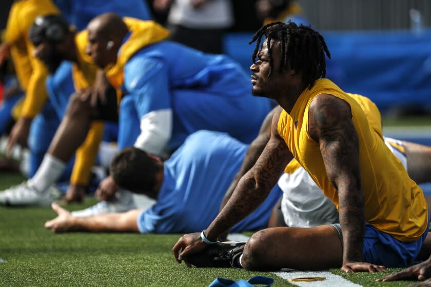 Inglewood, CA, Sunday, November 14, 2021 - Chargers safety Derwin James Jr. warms up.