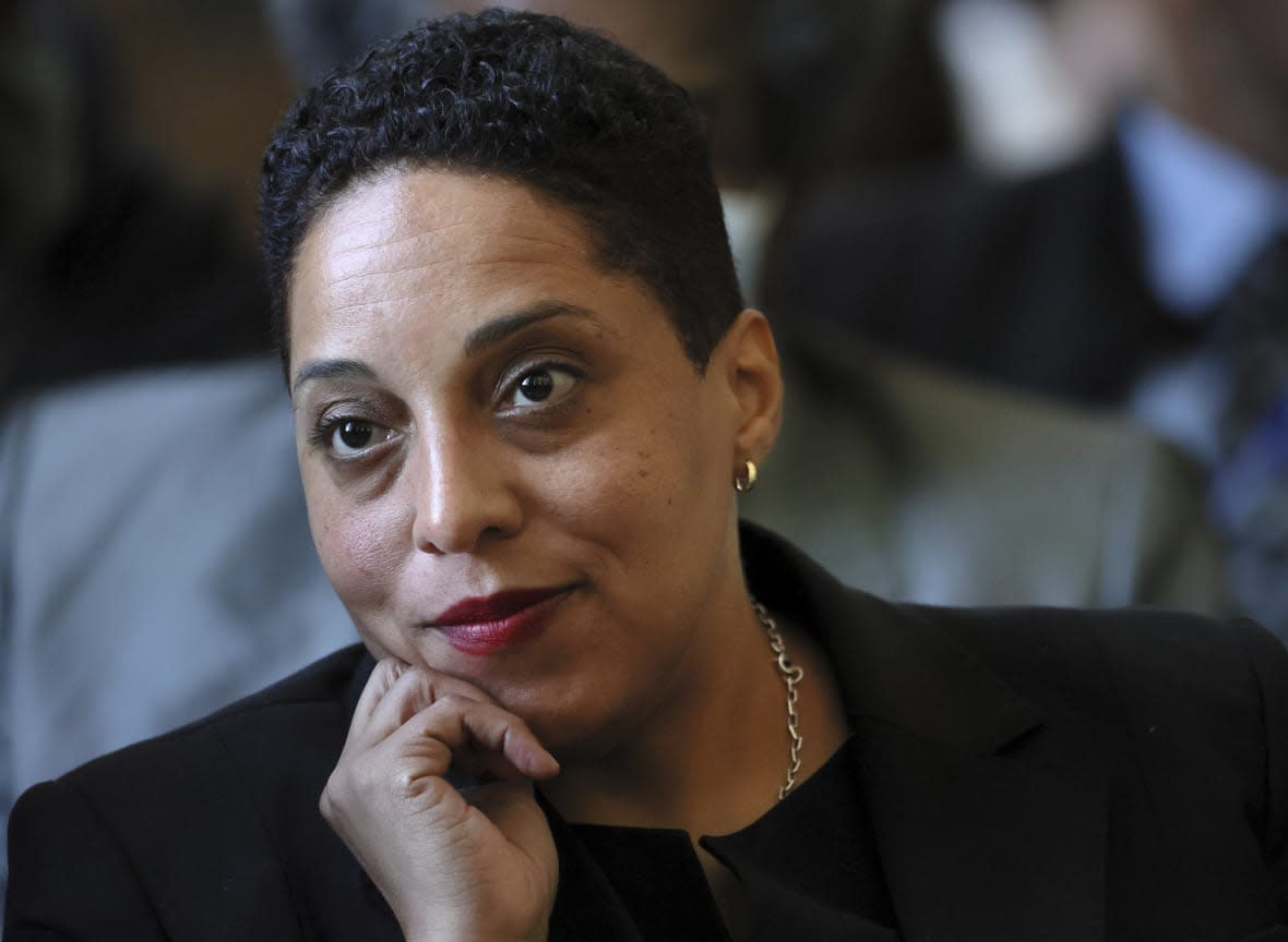 St. Louis Circuit Attorney Kim Gardner sits behind her attorneys in a courtroom, April 18, 2023, in St. Louis during the first hearing of a lawsuit by Missouri Attorney General Andrew Bailey seeking to remove Gardner from office. (David Carson/St. Louis Post-Dispatch via AP, Pool, File)