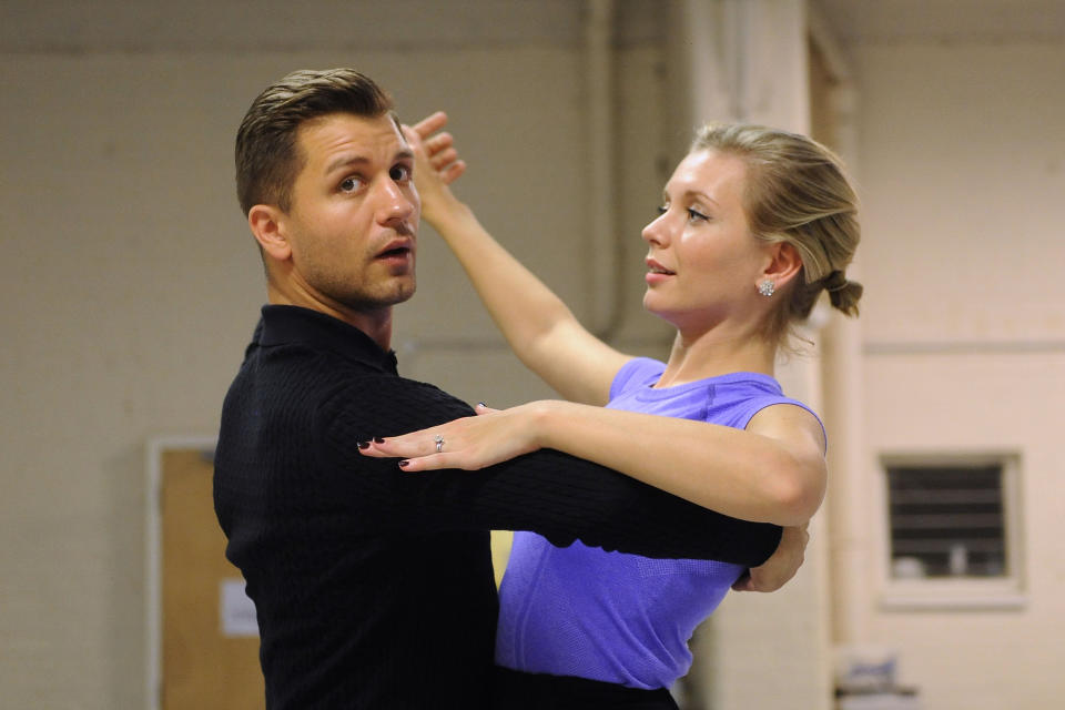 Rachel Riley and Pasha rehearse their waltz. (Credit: PA)