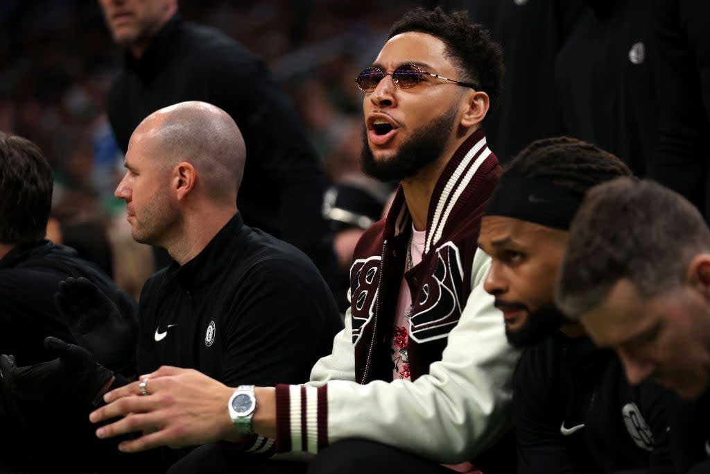 Ben Simmons of the Brooklyn Nets sits on the bench during the first quarter of Round 1 Game 1 of the 2022 NBA Eastern Conference Playoffs against the Boston Celtics at TD Garden on April 17, 2022 in Boston, Massachusetts. (Photo by Maddie Meyer/Getty Images)
