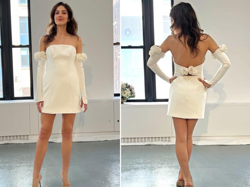 A back-and-front shot in a white mini dress with matching sleeves.