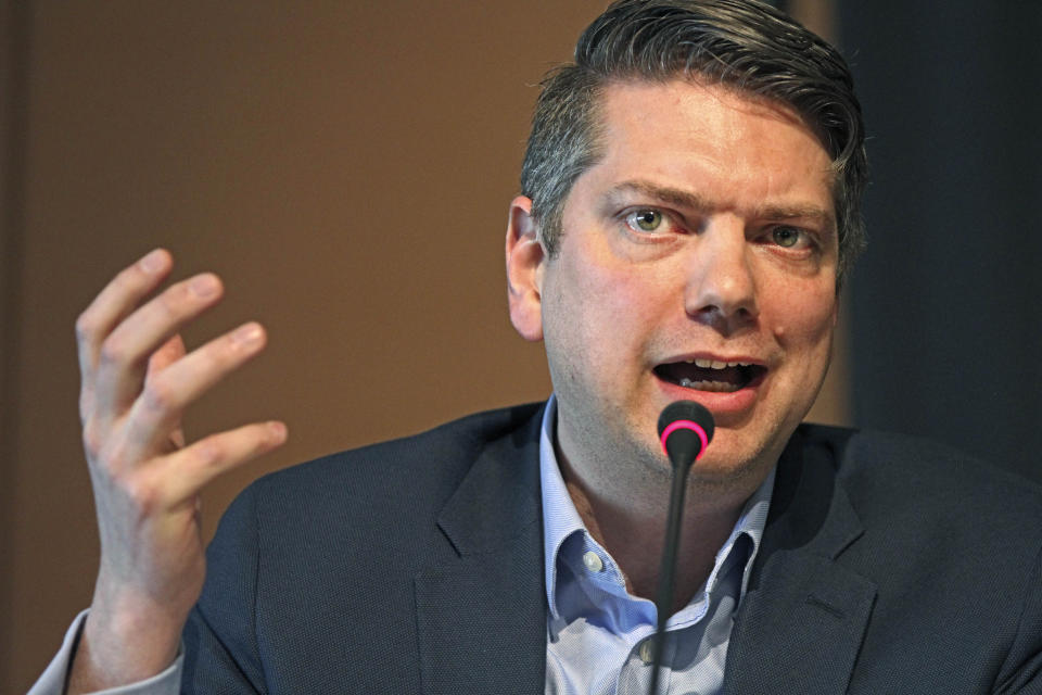 FILE - Nick Begich, a Republican seeking the sole U.S. House seat in Alaska, speaks during a forum for candidates, Thursday, May 12, 2022, in Anchorage, Alaska. Voters are whittling down the list of 48 candidates running for Alaska's only U.S. House seat, with the top four vote-getters in a special primary on Saturday, June 11, advancing to an August special election. (AP Photo/Mark Thiessen, File)