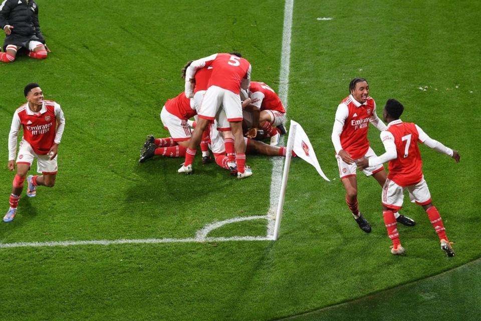 Arsenal celebrate Myles Lewis-Skelly’s last-gasp winner. (Arsenal FC via Getty Images)