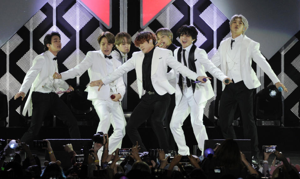 FILE - South Korean pop group BTS performs during the 2019 KIIS-FM Jingle Ball concert in Inglewood, Calif. on Dec. 6, 2019. “Dynamite,” the group’s first all-English song, debuted at No. 1 on the U.S. music charts this week, making BTS first Korean pop act to top the chart. (AP Photo/Chris Pizzello, File)