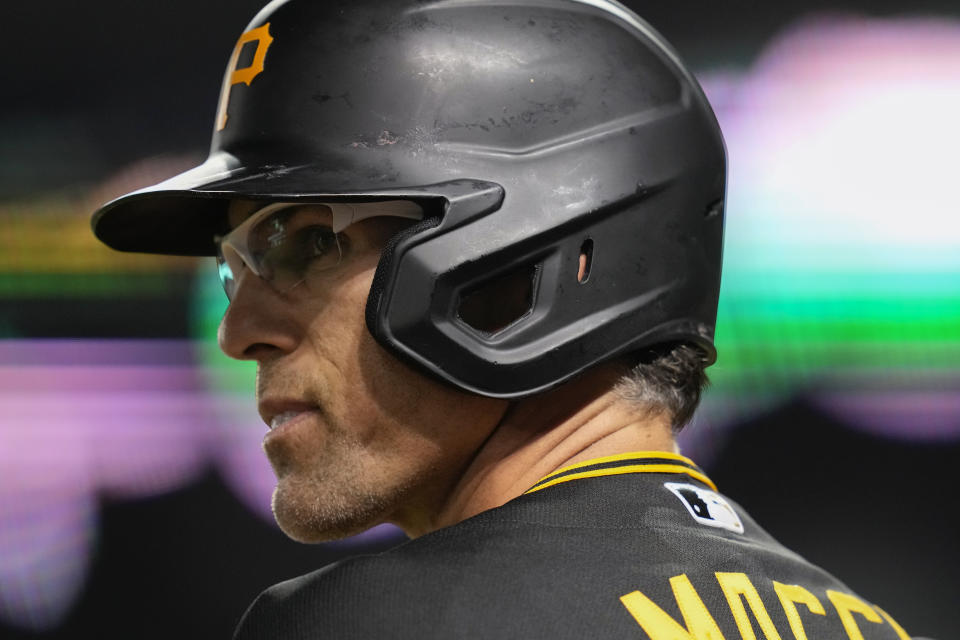 Pittsburgh Pirates' Drew Maggi prepares for an at-bat in the ninth inning of the second baseball game of a doubleheader against the Washington Nationals, Saturday, April 29, 2023, in Washington. (AP Photo/Patrick Semansky)