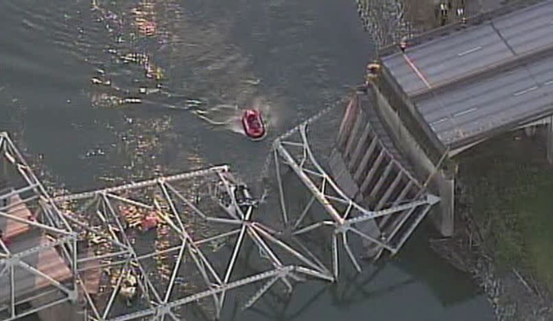 Chopper 7 flew over the Interstate 5 Skagit River Bridge, which collapsed Thursday evening.