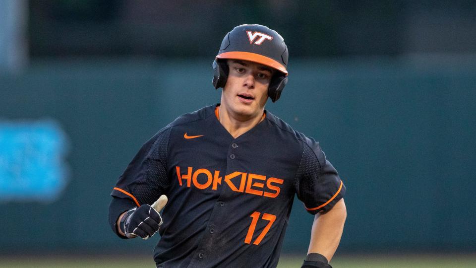 Virginia Tech's Cade Hunter (17) runs the bases during an NCAA baseball game on Friday, April 1, 2022, in Chapel Hill, N.C. (AP Photo/Ben McKeown)