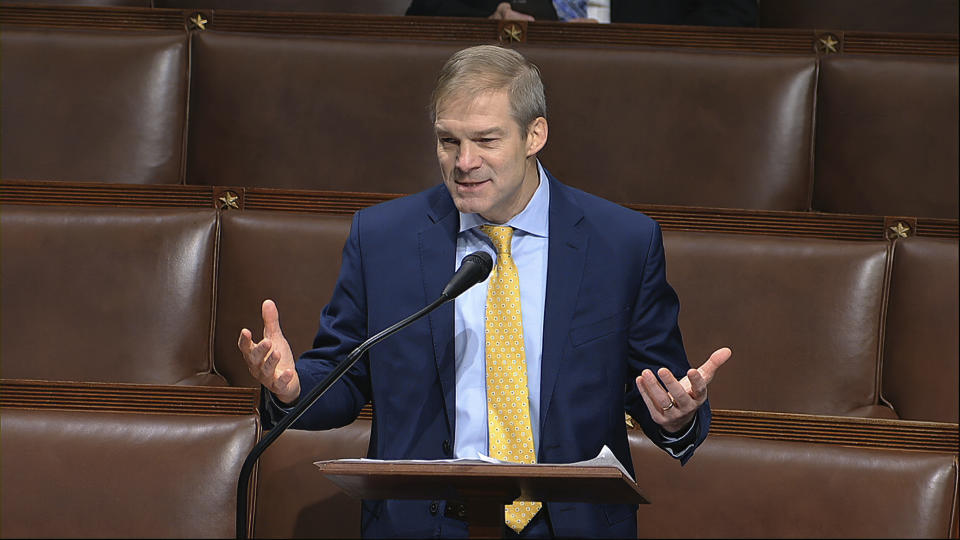 In this image from video, Rep. Jim Jordan, R-Ohio, speaks on the floor of the House of Representatives at the U.S. Capitol in Washington, Thursday, April 23, 2020. (House Television via AP)