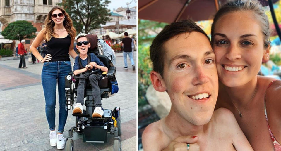 Boyfriend Shane Burcaw with spinal muscular atrophy and his able-bodied girlfriend Hannah Aylward.