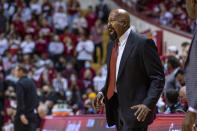 Indiana head coach Mike Woodson reacts during the first half of a NCAA college basketball game against Nebraska, Saturday, Dec. 4, 2021, in Bloomington, Ind. (AP Photo/Doug McSchooler)