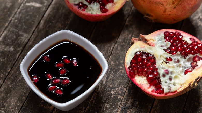 cut pomegranate molasses bowl