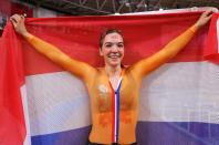 <p>Team Netherlands' Shanne Braspennincx wins the gold medal following the Women's Keirin final at Izu Velodrome on August 5.</p>