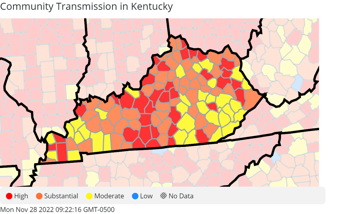 A map from the CDC showing high to substantial levels of COVID-19 transmission occurring across Kentucky.