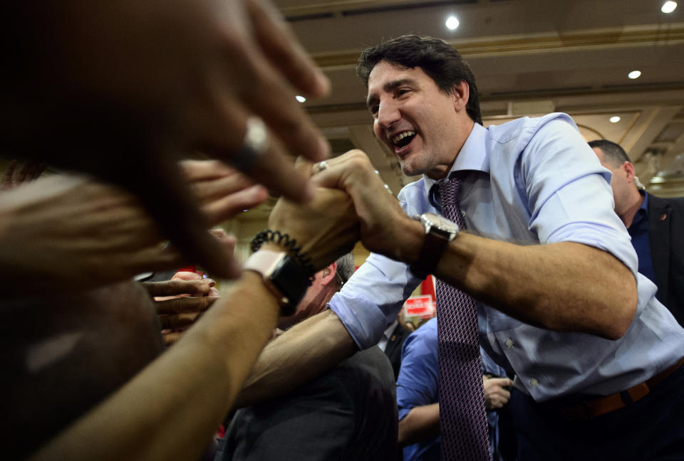 Liberal leader Justin Trudeau holds a rally in Vaughan, Ontario, on Friday, Oct. 18, 2019. (Sean Kilpatrick/The Canadian Press via AP)