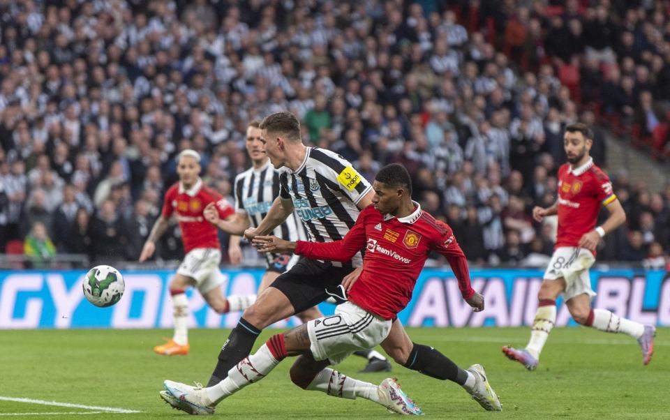 Marcus Rashford forces Man Utd's second goal via the leg of Sven Botman - Getty Images/Richard Callis 