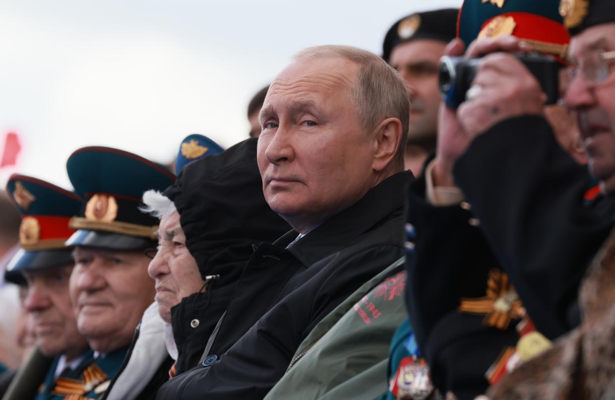 Russian President Vladimir Putin looks on during the Victory Day military parade marking the 77th anniversary of the end of World War II in Moscow, Russia, Monday, May 9, 2022. (Mikhail Metzel, Sputnik, Kremlin Pool Photo via AP)