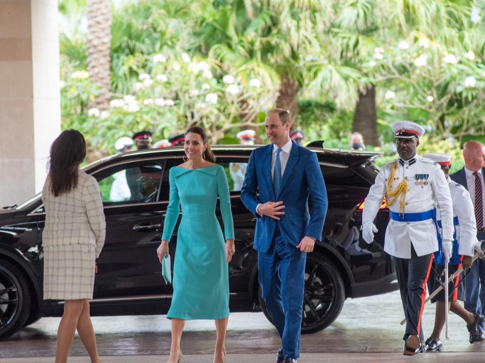 The couple arrives at The Cove on Paradise Island in The Bahamas.