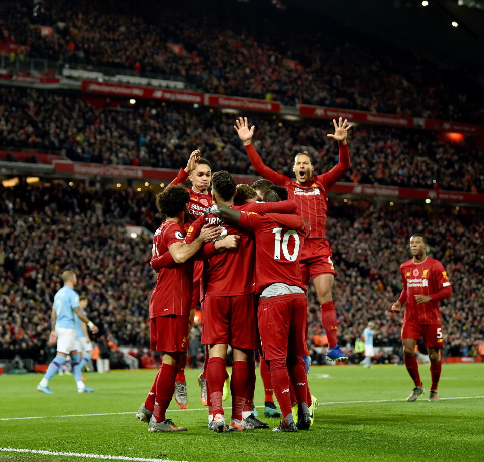 LIVERPOOL, ENGLAND - NOVEMBER 10: (THE SUN ON OUT, THE SUN ON SUNDAY OUT) Sadio Mane  of Liverpool scores the third goal and Ceolebrates during the Premier League match between Liverpool FC and Manchester City at Anfield on November 10, 2019 in Liverpool, United Kingdom. (Photo by Andrew Powell/Liverpool FC via Getty Images)