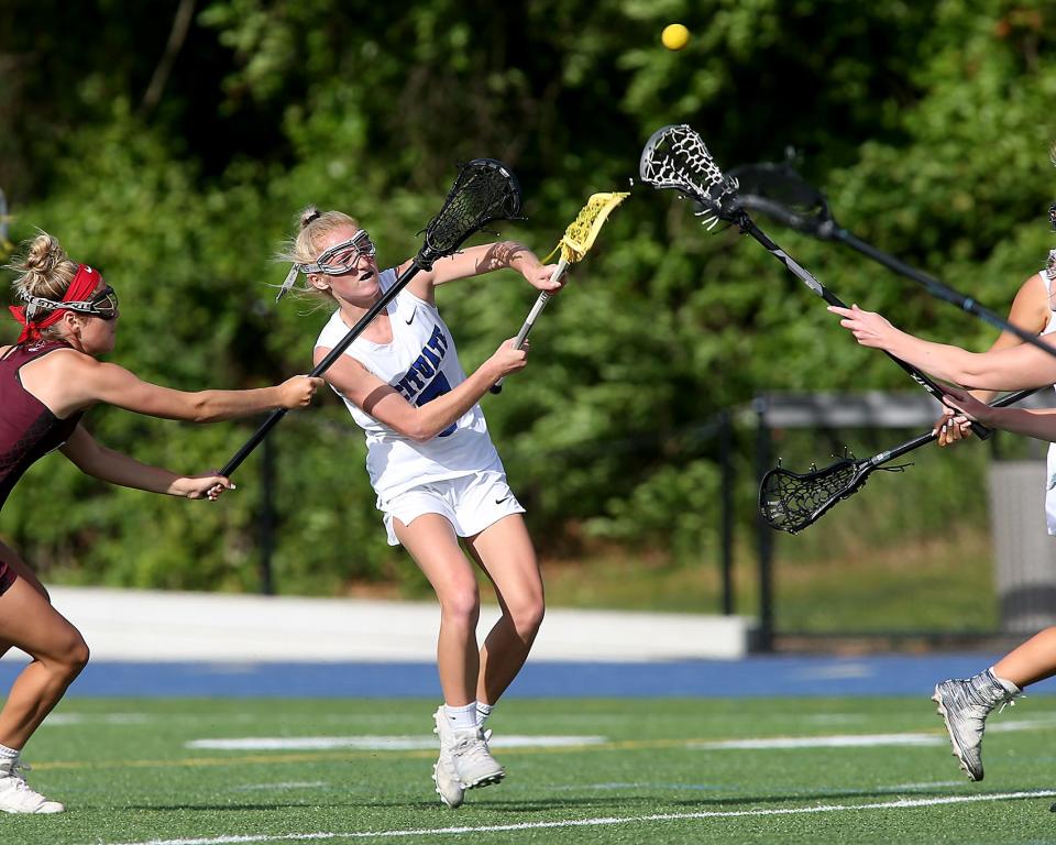 Scituate's Charlotte Spaulding fires a shot on goal during first half action of their game against Falmouth in the Round of 32 in the Division 2 state tournament at Scituate High School on Tuesday, June 7, 2022. 