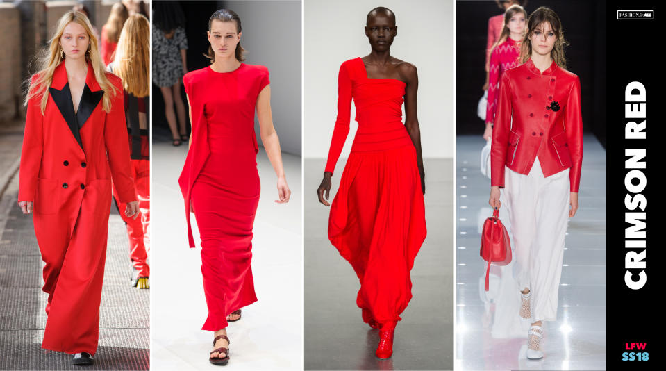 <p><i>London designers take a much darker, moodier, and possibly political approach this season incorporating splashes of crimson red onto dresses, coats, and blazers on the fringe of multiple violent terrorist attacks in the country. This color choice is also reminiscent of the attire worn on the Emmy award-winning, politically-charged show, ‘The Handmaid’s Tale.’ (Photo: ImaxTree, Art: Quinn Lemmers for Yahoo Lifestyle) </i></p>