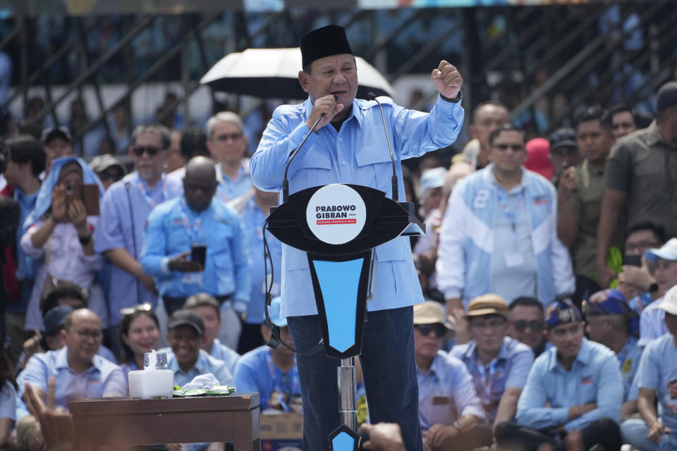 Presidential candidate Prabowo Subianto gestures as he speaks during his campaign rally at Gelora Bung Karno Main Stadium in Jakarta, Indonesia, Saturday, Feb. 10, 2024. Defense Minister Subianto, a wealthy ex-general with ties to both Indonesia’s popular outgoing president and its dictatorial past looks set to be its next president, after unofficial tallies showed him taking a clear majority in the first round of voting. (AP Photo/Achmad Ibrahim, File)