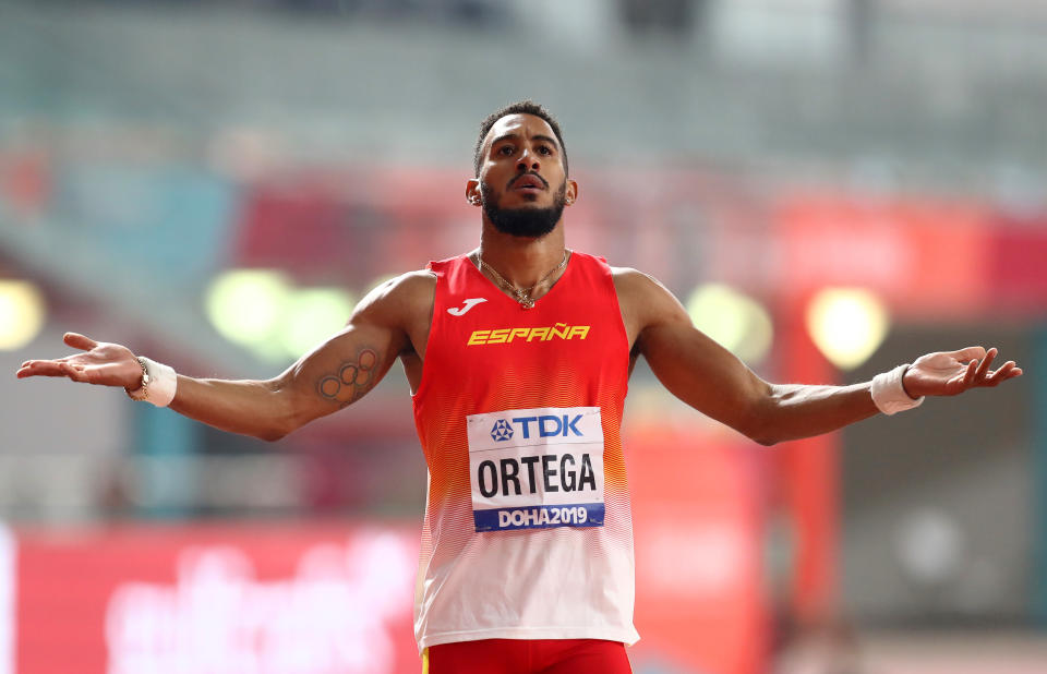 DOHA, QATAR - OCTOBER 02: Orlando Ortega of Spain reacts after the Men's 110 metres hurdles final during day six of 17th IAAF World Athletics Championships Doha 2019 at Khalifa International Stadium on October 02, 2019 in Doha, Qatar. (Photo by Maja Hitij/Getty Images)