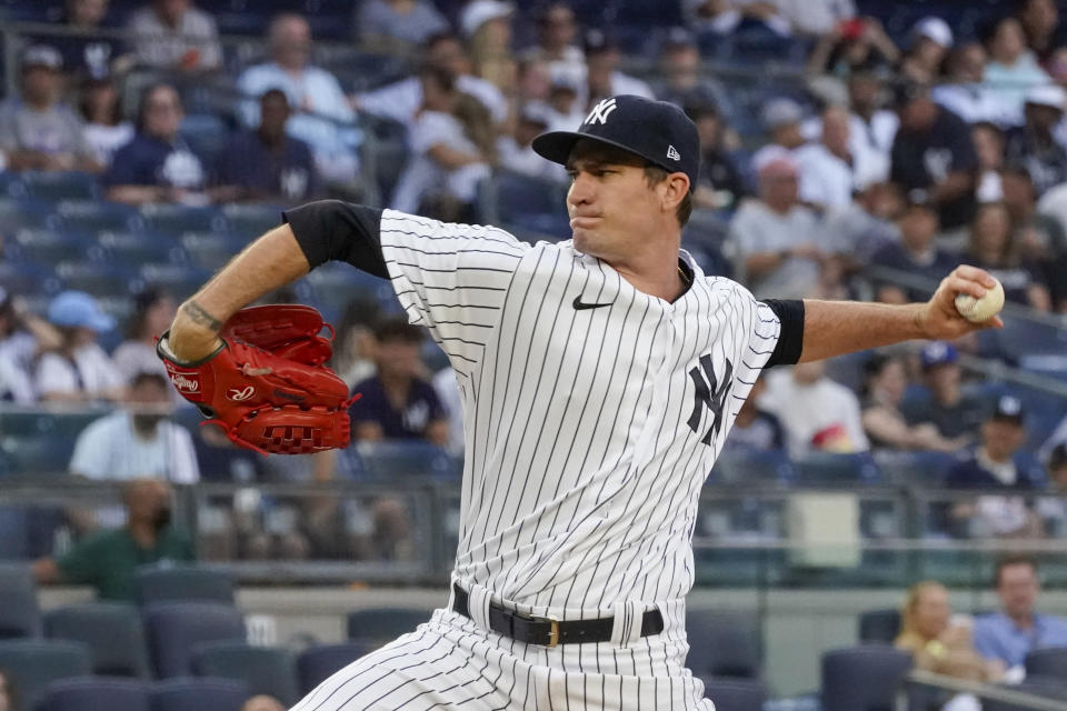 New York Yankees starting pitcher Andrew Heaney delivers in the first inning of a baseball game against the Baltimore Orioles, Monday, Aug. 2, 2021, in New York. (AP Photo/Mary Altaffer)