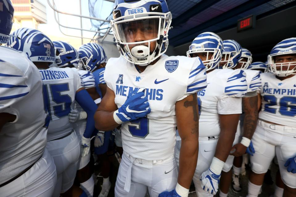 Memphis Tigers linebacker Geoffrey Cantin-Arku prepares to take the field during the Friday Night Stripes spring football game at Liberty Bowl Memorial Stadium on Friday, April 22, 2022. 