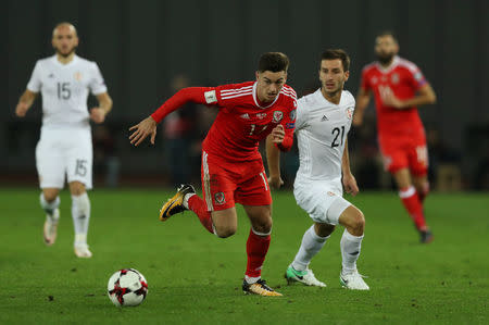 Soccer Football - 2018 World Cup Qualifications - Europe - Georgia vs Wales - Boris Paichadze Dinamo Arena, Tbilisi, Georgia - October 6, 2017 Wales' Tom Lawrence in action with Georgia’s Otar Kakabadze Action Images via Reuters/Peter Cziborra