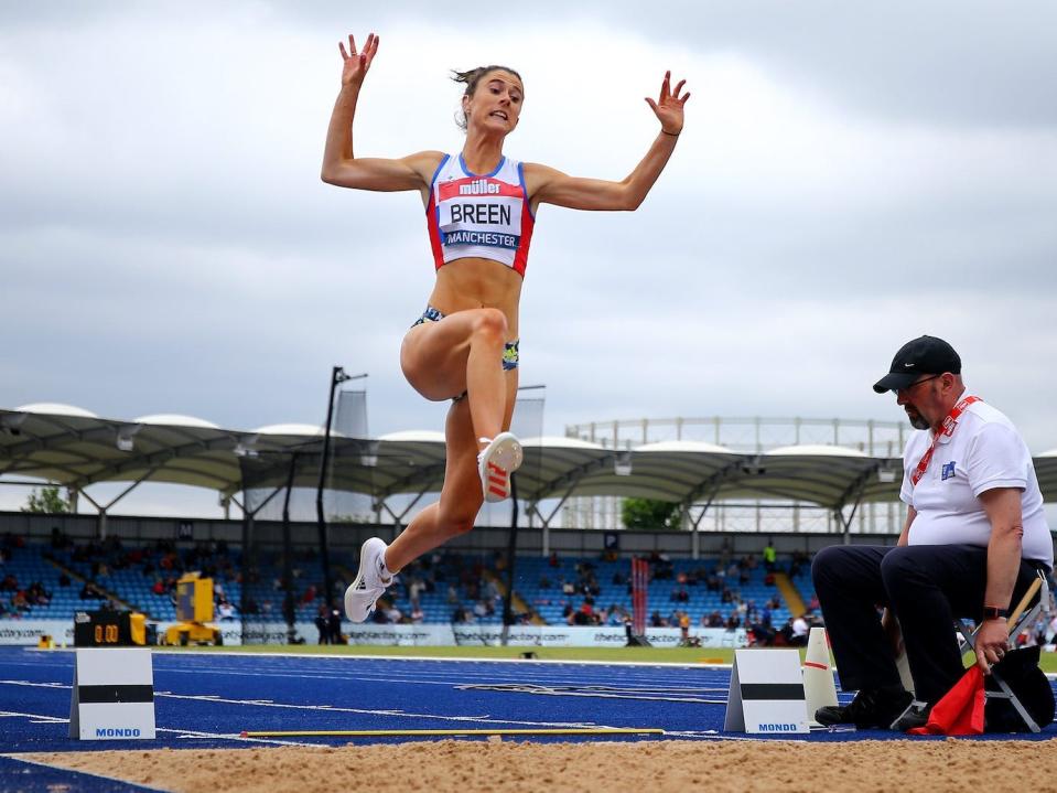 Olivia Breen competes during the women's long jump final at the Muller British Athletics Championships on June 27, 2021, in Manchester, England.