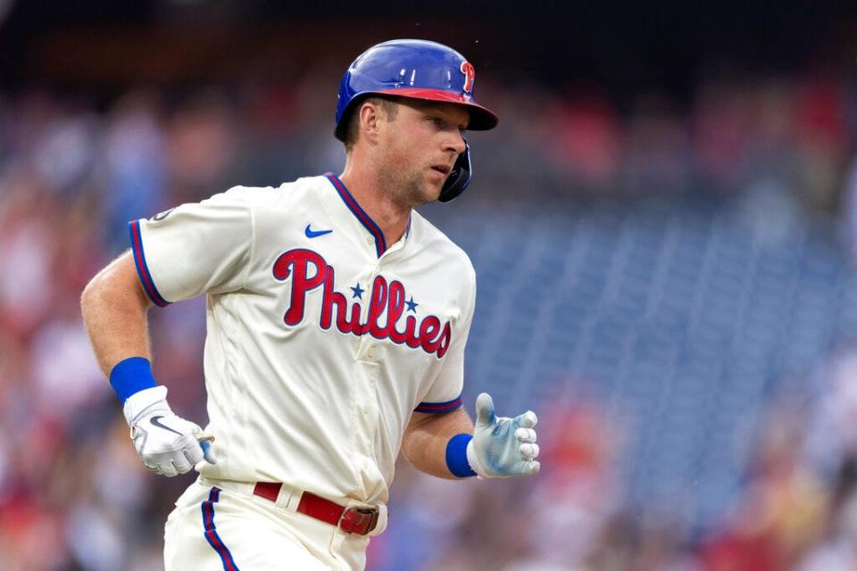 Philadelphia Phillies' Rhys Hoskins runs the bases after hitting a solo home run during the second inning of the team's baseball game against the San Diego Padres, Saturday, July 3, 2021, in Philadelphia. (AP Photo/Laurence Kesterson)