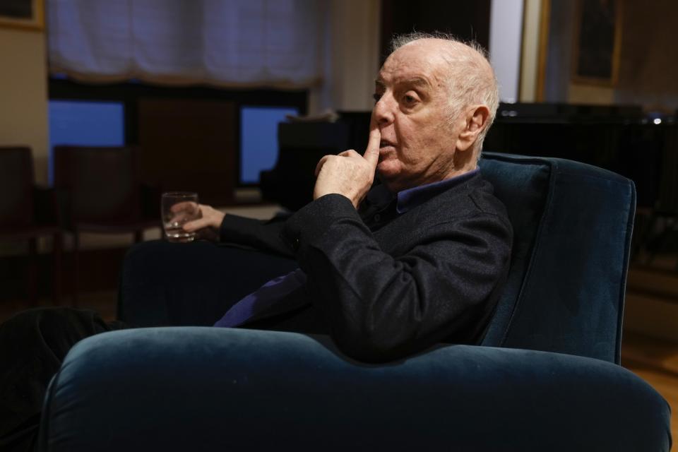 Argentine-born pianist and conductor Daniel Barenboim talks with The Associated Press during an interview, at La Scala theatre in Milan, Italy, Tuesday, Feb. 14, 2023. (AP Photo/Luca Bruno)