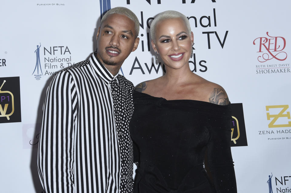 Alexander Edwards, left, and Amber Rose attend the 2018 National Film & Television Awards at the Globe Theatre on Wednesday, Dec. 5, 2018, in Los Angeles. (Photo by Richard Shotwell/Invision/AP)