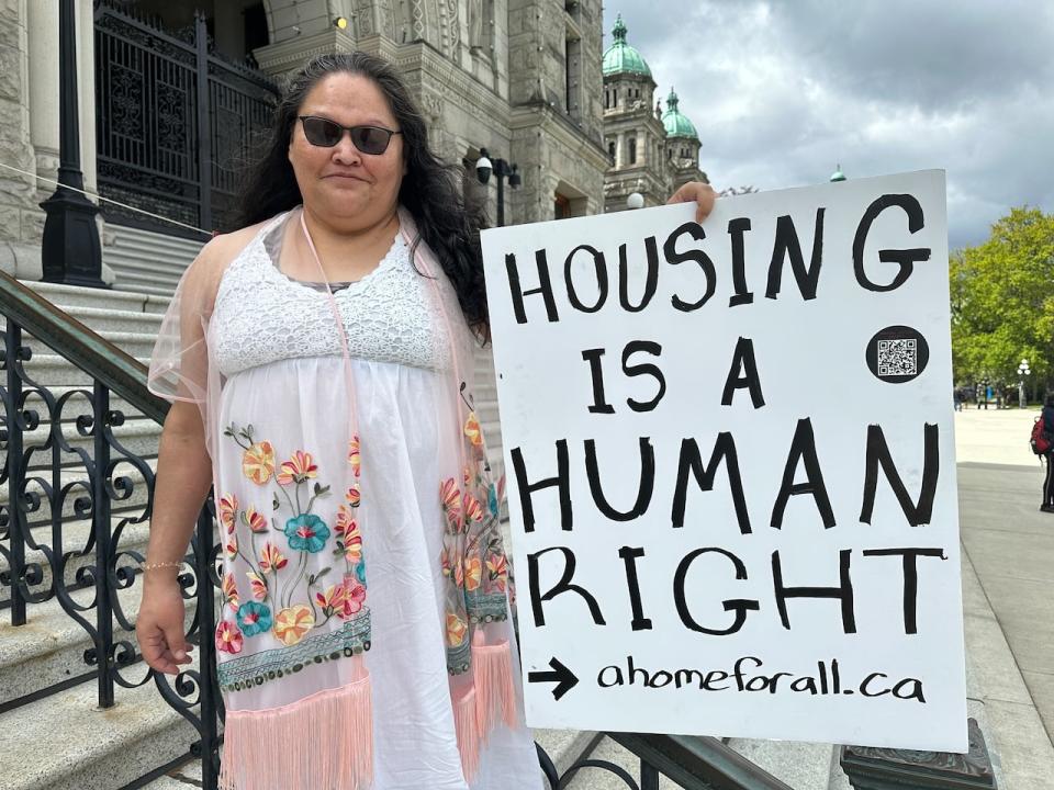 Cheri Jacobs, who has been homeless in the past, is a member of the Housing Justice Project. Photo taken May 7, 2024, at the B.C. Legislature in Victoria, B.C.