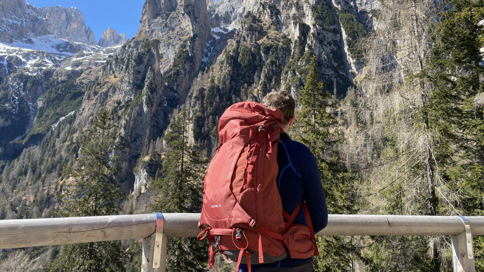 Alex at Rifugio Treviso with Osprey Kestrel 38 backpack