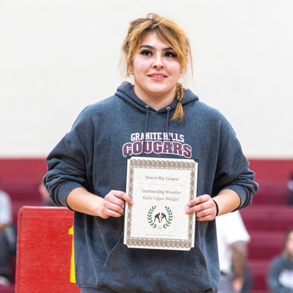 Granite Hills' Chloe Navarrete was named the girls upper-weight MVP at the Desert Sky League wrestling finals on Saturday, Jan. 21, 2023.