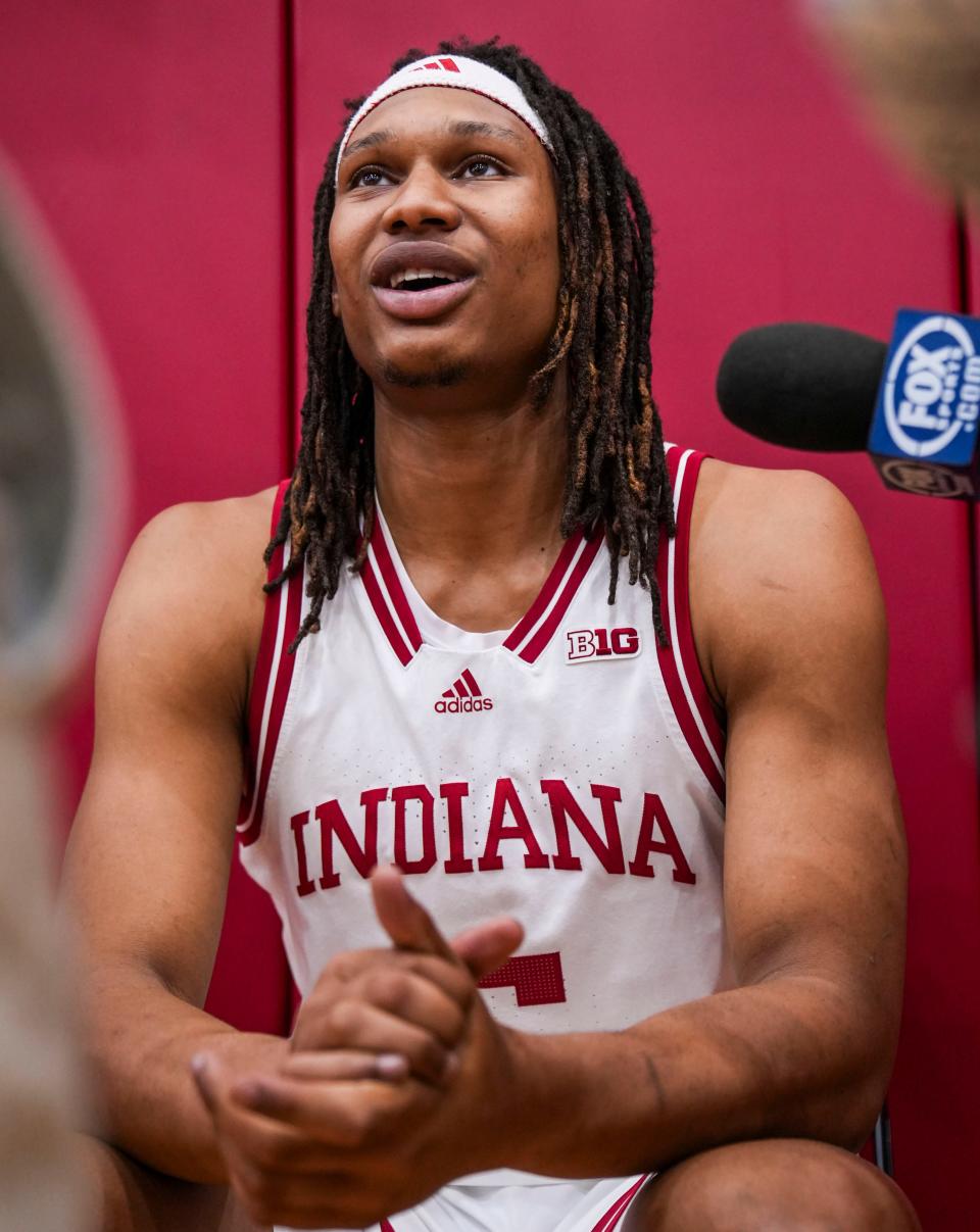 Indiana Hoosiers forward Malik Reneau (5) answers a question Wednesday, Sept. 18, 2024, during IU men’s and women’s basketball media day at Simon Skjodt Assembly Hall in Bloomington.