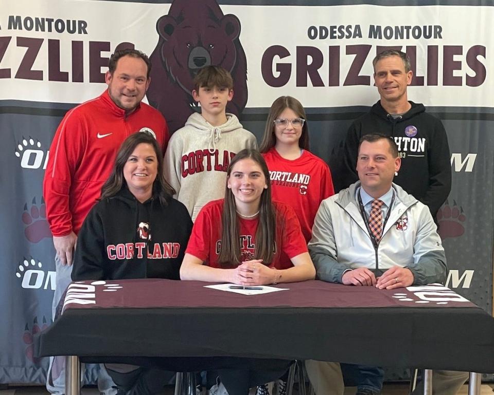 Odessa-Montour senior Hannah Nolan, is joined by family and coaches during a signing celebration at O-M on March 9, 2023. She signed to play soccer at SUNY Cortland.