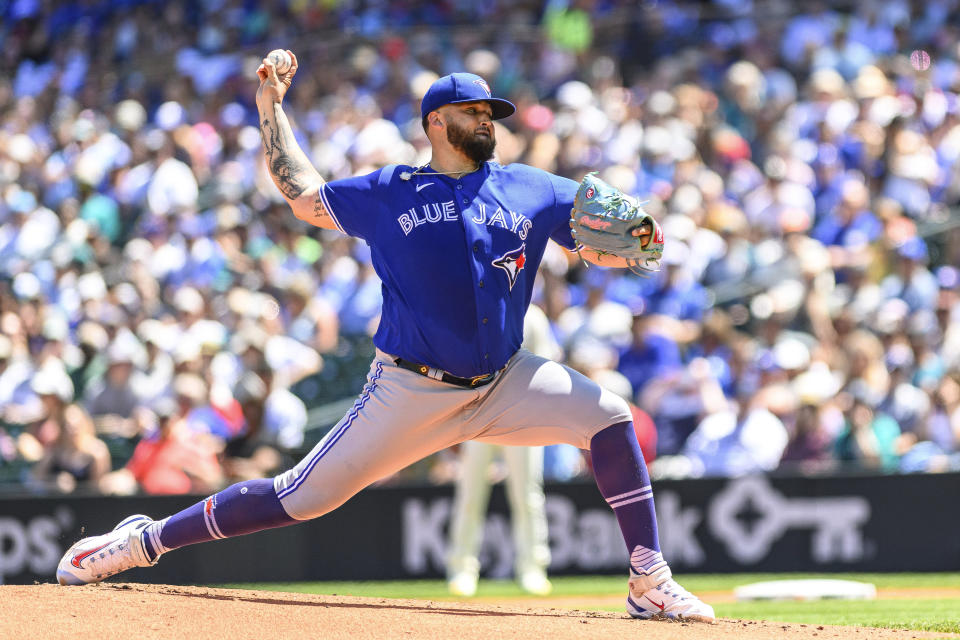 Toronto Blue Jays starting pitcher Alek Manoah throws against the Seattle Mariners during the first inning of a baseball game, Sunday, July 23, 2023, in Seattle. (AP Photo/Caean Couto)