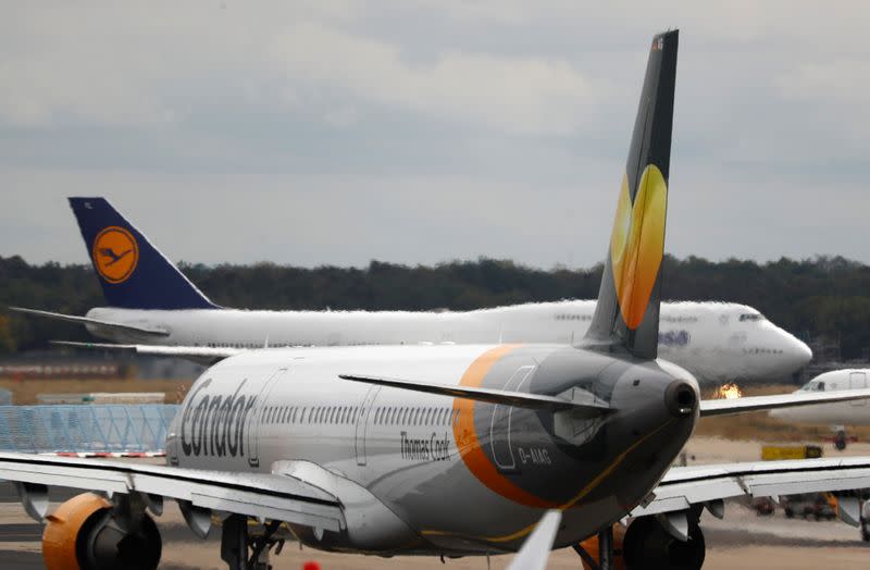 An airplane with the logo of air carrier Condor by Thomas Cook is seen at the airport in Frankfurt